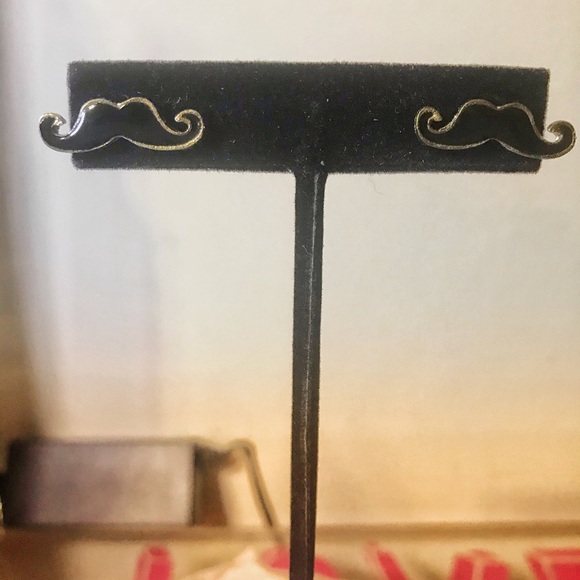 Black & Gold Mustache Stud Earrings - Picture 2 of 5